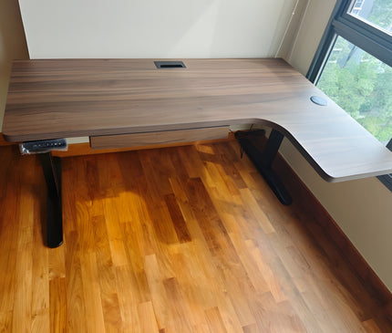 L-shape electric standing desk with wooden drawer