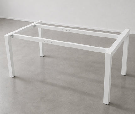 A white metal table base frame with  horizontal support beams.