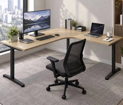 An L-shaped ergonomic desk with fixed T-shape black metal legs 