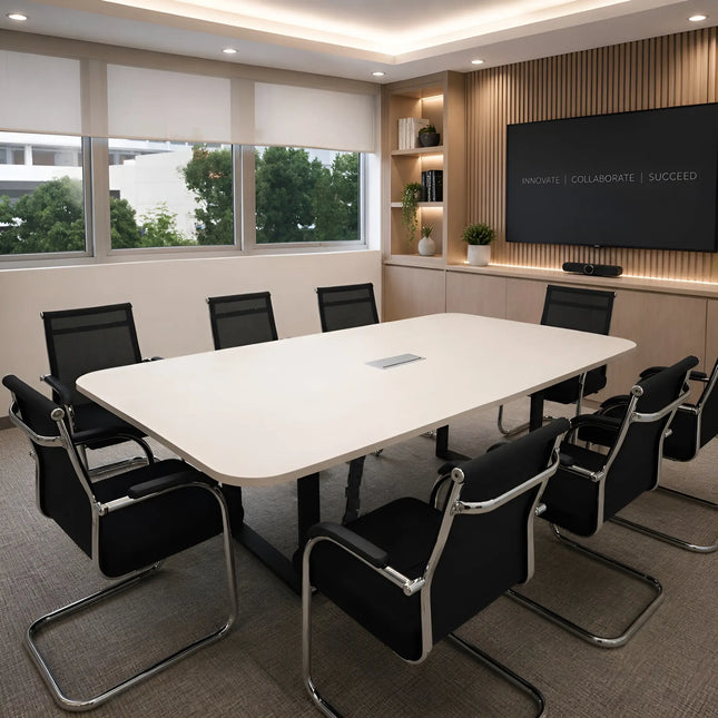 Modern conference room with meeting table and meeting chairs..