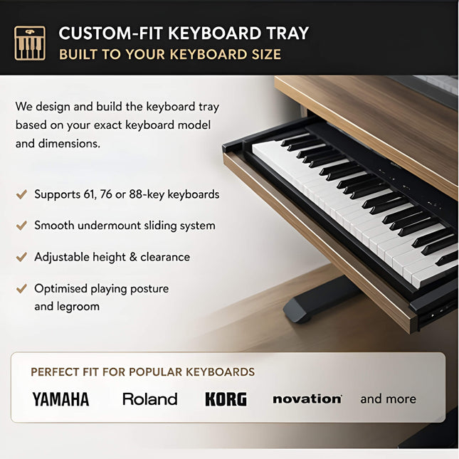 Custom piano studio electric standing desk with keyboard tray built in Singapore workshop by Mydesk.sg