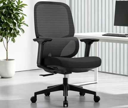 A black mesh ergonomic office chair with adjustable armrests and a five-wheel base.