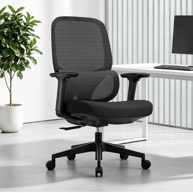 A black mesh ergonomic office chair with adjustable armrests and a five-wheel base.