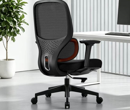 A black mesh ergonomic office chair with adjustable armrests and a five-wheel base.