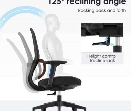 An ergonomic office chair with a curved lumbar support.