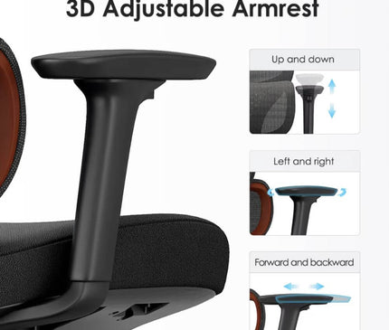 An ergonomic office chair with a 3D adjustable armrest.