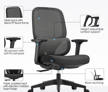 An ergonomic office chair with a curved lumbar support.