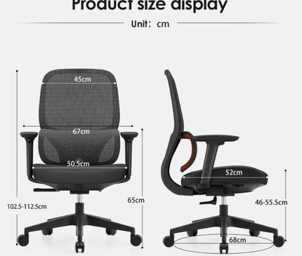 An ergonomic office chair with chair dimensions.