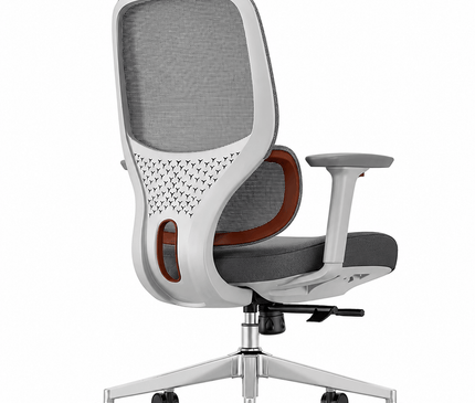 A modern office chair with a gray mesh backrest , gray fabric seat and white frame.