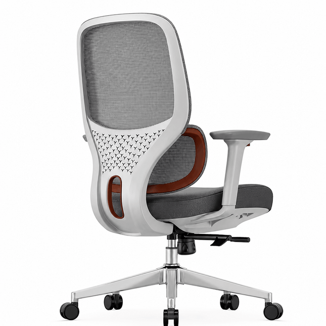 A modern office chair with a gray mesh backrest , gray fabric seat and white frame.