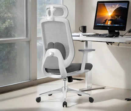 A modern white and gray mesh ergonomic office chair with a headrest and five-wheel base.