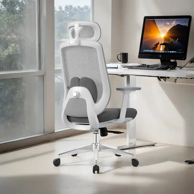 A modern white and gray mesh ergonomic office chair with a headrest and five-wheel base.