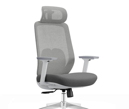 A modern white and gray mesh ergonomic office chair with a headrest and five-wheel base.