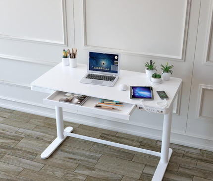 Glass top white standing desk with drawer