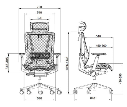 2D Diagram Full Mesh Ergonomic office chair Singapore with adjustable armrest and lumbar support.
