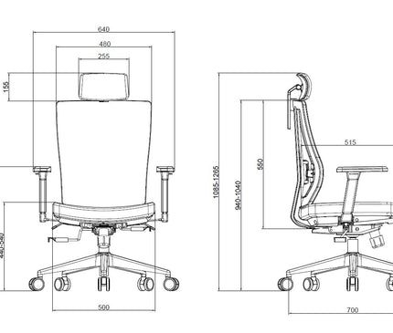 Technical drawing of a office chair with dimensions